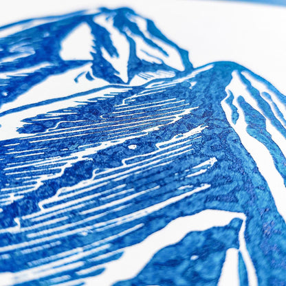 Blue mountain with house Linocut print Wall art hanging decor,