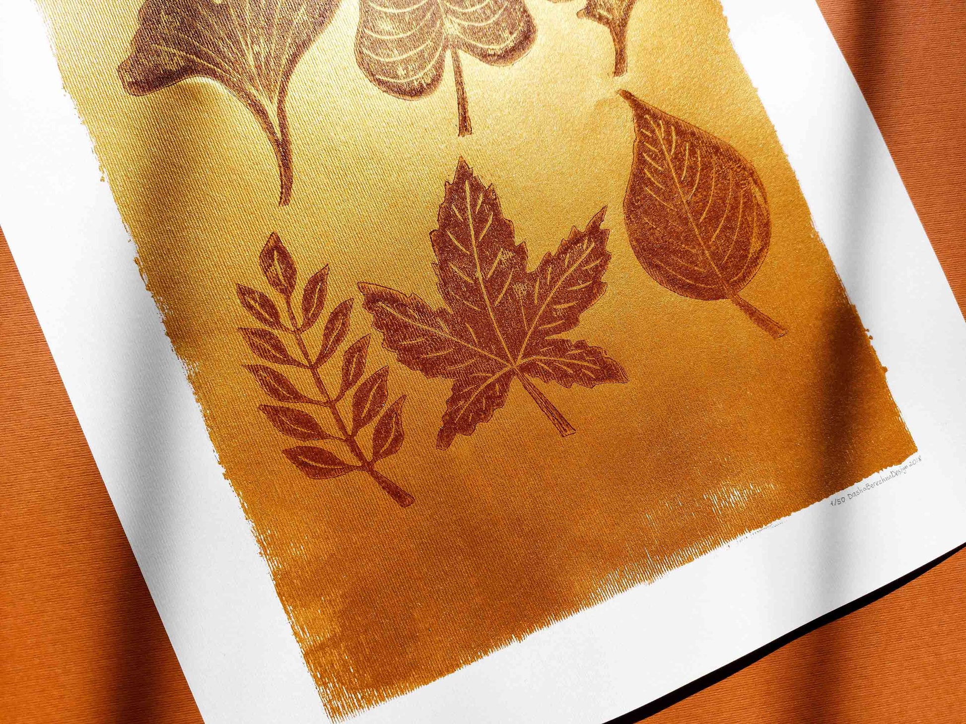 Gold and brown fall leaves Linocut print 12x16in for New home gift UNFRAMED / gold acrylic ink, oil ink, lino print, linogravure, autumn wall art, printmaking, handmade art, Nature lover gift, simple artwork, original artwork, houswarming gift, living room, bedroom, modern kitchen decor