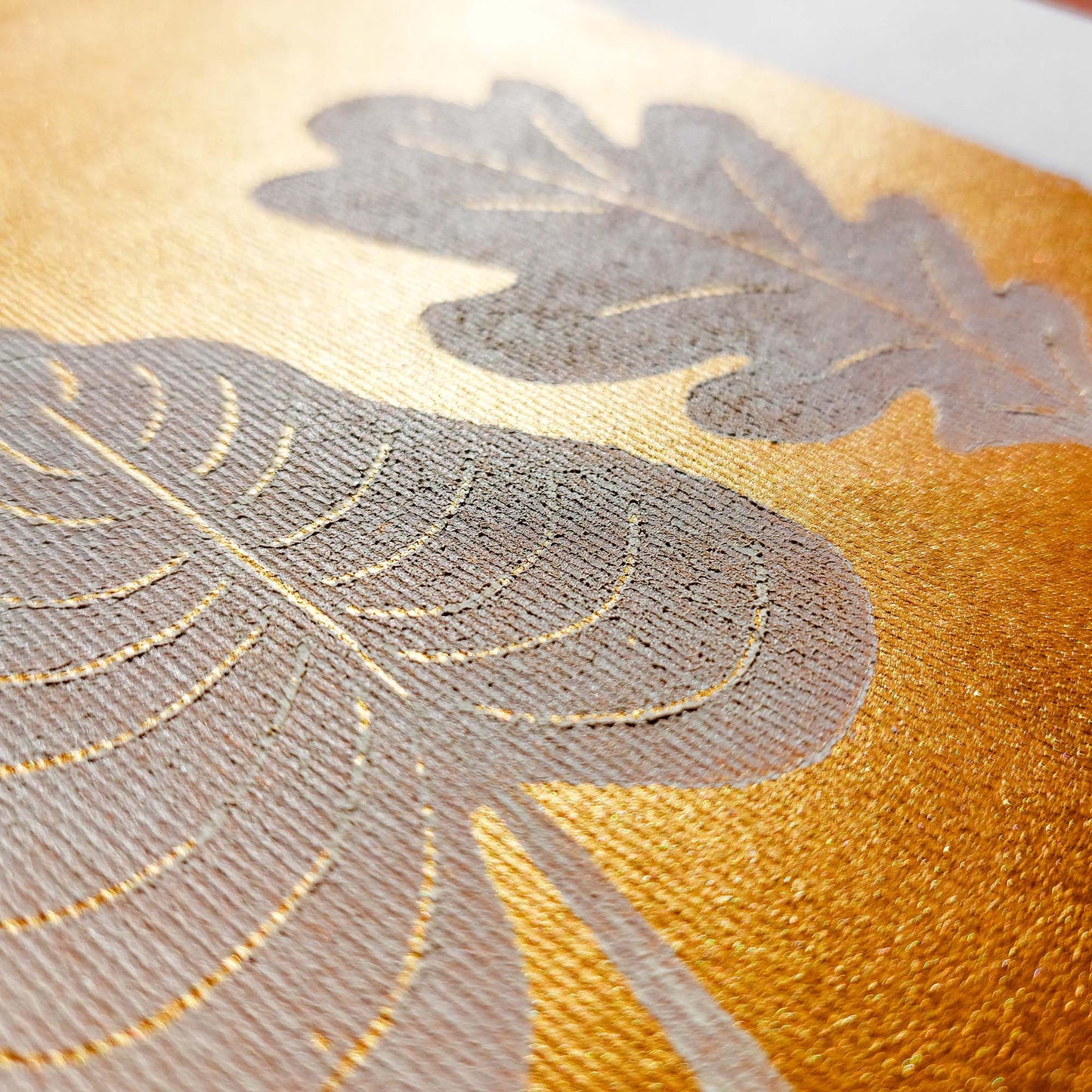 gold acrylic white oil ink autumn wall art linocut print white leaves foraged rustic fall new home gift original artwork thanksgiving table hallway decor grandmother hostess gift one of a kind linogravure botanical office lino cottagecore nature lover leaf farmhouse thank you bedroom printmaking handprinted farm minimalist self sister mom mother hostess new apartment godmother wife woman living room kitchen handmade dining for Her Thankful Gratitude Entryway Dorm Warm Earth Tones Seasonal