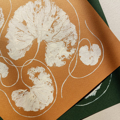 Mini Gallery wall set of 2 Green ochre beige textured leaves Monotype print wall art decor