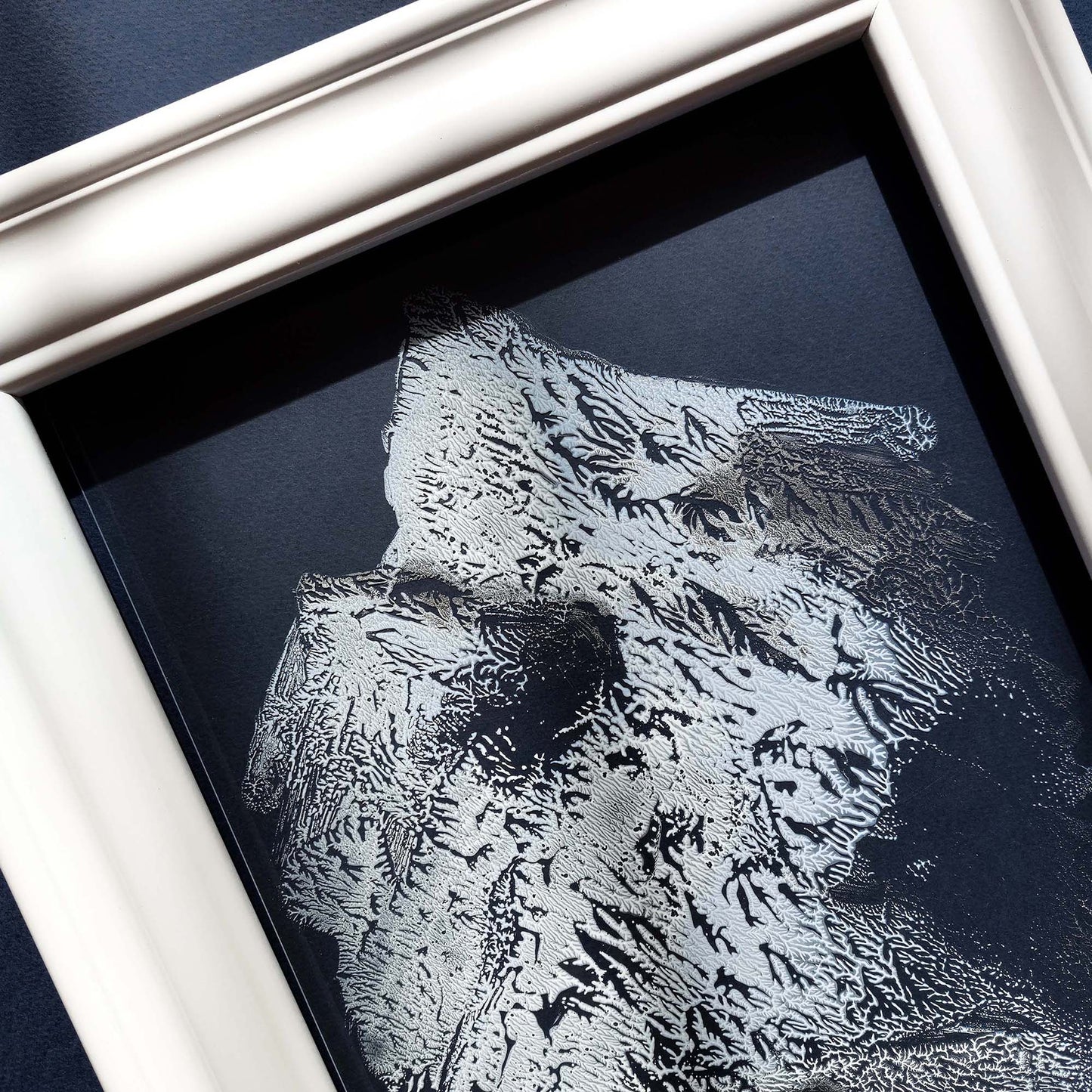 Silver white light blue winter mountains mini monotype print relief monoprint flexible plexiglass original artwork powder room engraving etching one of a kind neutral abstract organic modern headboard wall art spa bathroom decor mudroom home office bathroom living room bedroom entryway unique Minimal printmaking texture handprint midimalism eclectic scandinavian aesthetic man cave new contemporary hostess mom mother grandmother godmother for her him boyfriend girlfriend sister daughter bathroom