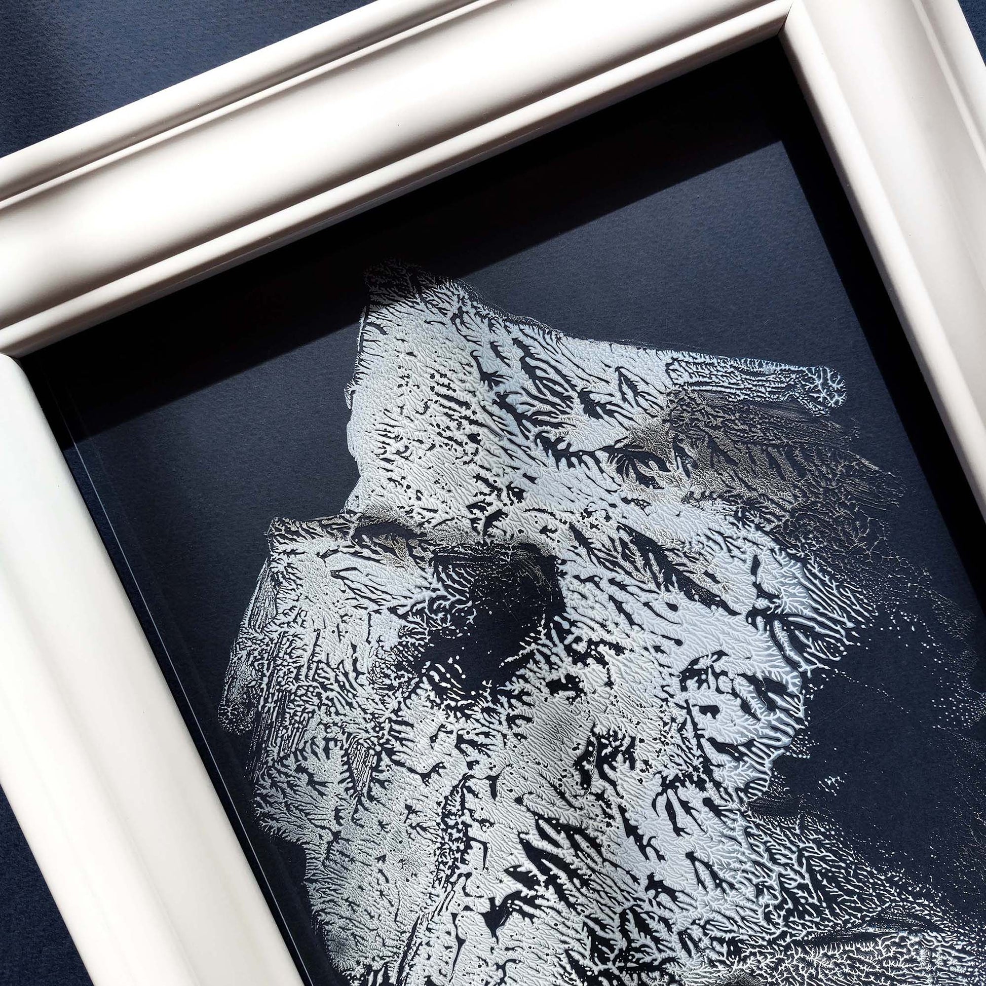 Silver white light blue winter mountains mini monotype print relief monoprint flexible plexiglass original artwork powder room engraving etching one of a kind neutral abstract organic modern headboard wall art spa bathroom decor mudroom home office bathroom living room bedroom entryway unique Minimal printmaking texture handprint midimalism eclectic scandinavian aesthetic man cave new contemporary hostess mom mother grandmother godmother for her him boyfriend girlfriend sister daughter bathroom