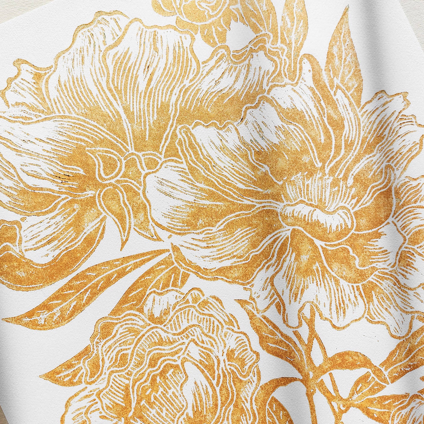 Gold peony flowers Linocut print