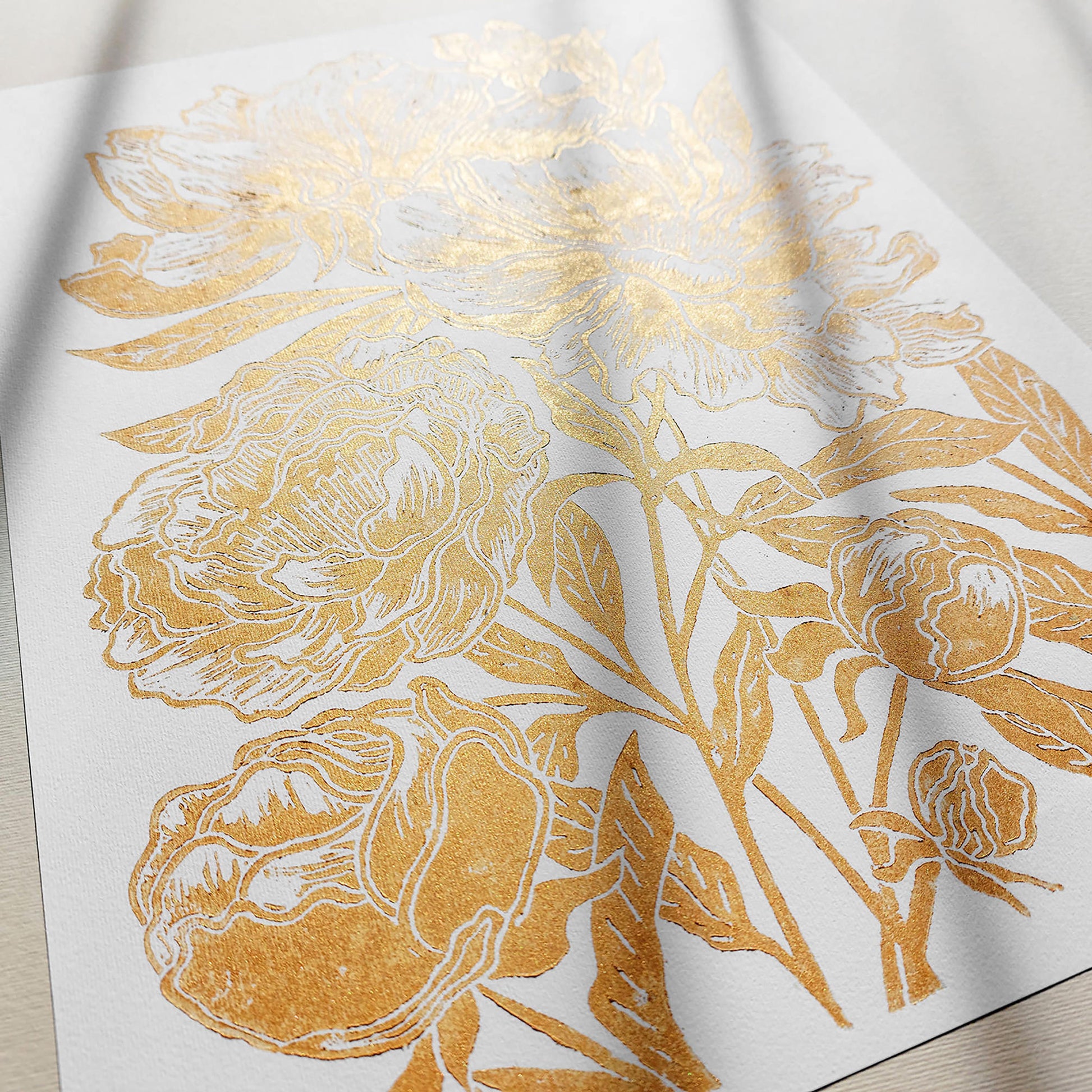 Gold peony flowers Linocut print Peonies wall art decor Linogravure, Lino print flower, wall hanging, unique wall art, trendy, thank you gift, boss, teacher appreciation gift, Summer, Spring wall art, sister in law gift,&nbsp; self gift, rustic wall art, retirement, Relief print, realtor closing gift, Printmaking art, plant lover gift, original illustration, original artwork, one of a kind, office wall decor, nurse gift, niece gift from aunt, new mom gift, new job gift, New home gift, new grandma gif