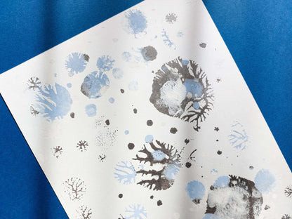 Blue and silver abstract snowflakes Monotype print Holiday winter wall art for Christmas festive living room decor UNFRAMED, Bedroom wall decor, Printmaking art, handmade art, relief print, Original artwork, Noel decoration