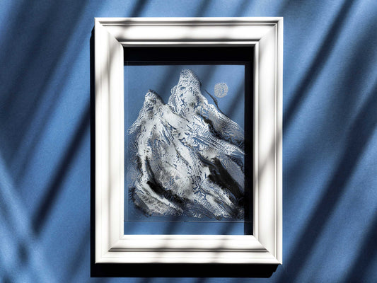 Black silver and blue Abstract mountains Monotype print on Plexiglass Holiday winter wall art Modern original painting artwork UNFRAMED, simple artwork, Monoprint art, Relief print, nature lover gift, Printmaking art, handmade print, Black silver white, Holiday winter wall art decoration for living room or bedroom wall decor
