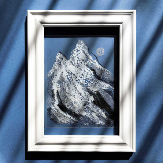 light blue black silver abstract mountains print silver moon monotype print flexible plexiglass calm holiday decor winter wall art relief original artwork housewarming gift christmas present monoprint one of a kind home office ideas xmas bathroom living room bedroom entryway unique seasonal Minimal printmaking texture handprint midimalism eclectic aesthetic men above bed man cave new apartment contemporary hostess mom mother grandmother godmother for her him boyfriend girlfriend sister daughter