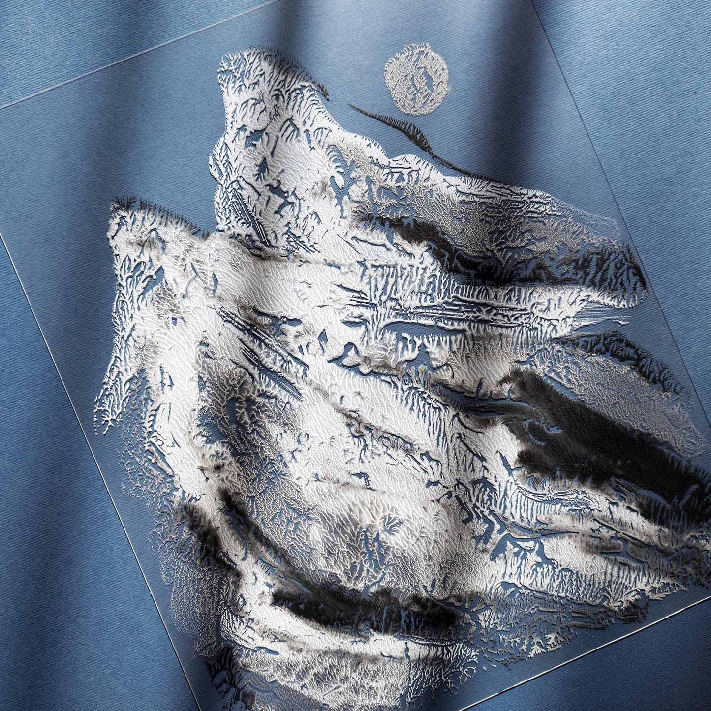 light blue black silver abstract mountains print silver moon monotype print flexible plexiglass calm holiday decor winter wall art relief original artwork housewarming gift christmas present monoprint one of a kind home office ideas xmas bathroom living room bedroom entryway unique seasonal Minimal printmaking texture handprint midimalism eclectic aesthetic men above bed man cave new apartment contemporary hostess mom mother grandmother godmother for her him boyfriend girlfriend sister daughter