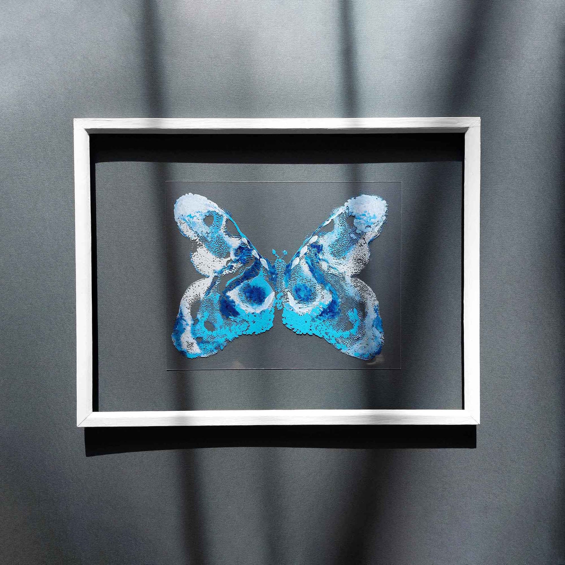 Blue White flexible plexiglass acrylic blue ink abstract butterfly large monotype print fine winter wall art staircase decor new beginnings gift one of a kind original artwork relief block handprint contemporary transparent calm holiday christmas gift new year monoprint printmaking master bedroom nature lover living room entryway unique Present xmas classical style home decoration eclectic scandinavian textured aesthetic apartment housewarming dining office hostess mom mother grandmother sister