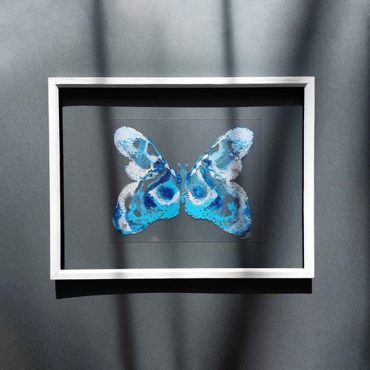Blue White flexible plexiglass acrylic blue ink abstract butterfly large monotype print fine winter wall art staircase decor new beginnings gift one of a kind original artwork relief block handprint contemporary transparent calm holiday christmas gift new year monoprint printmaking master bedroom nature lover living room entryway unique Present xmas classical style home decoration eclectic scandinavian textured aesthetic apartment housewarming dining office hostess mom mother grandmother sister