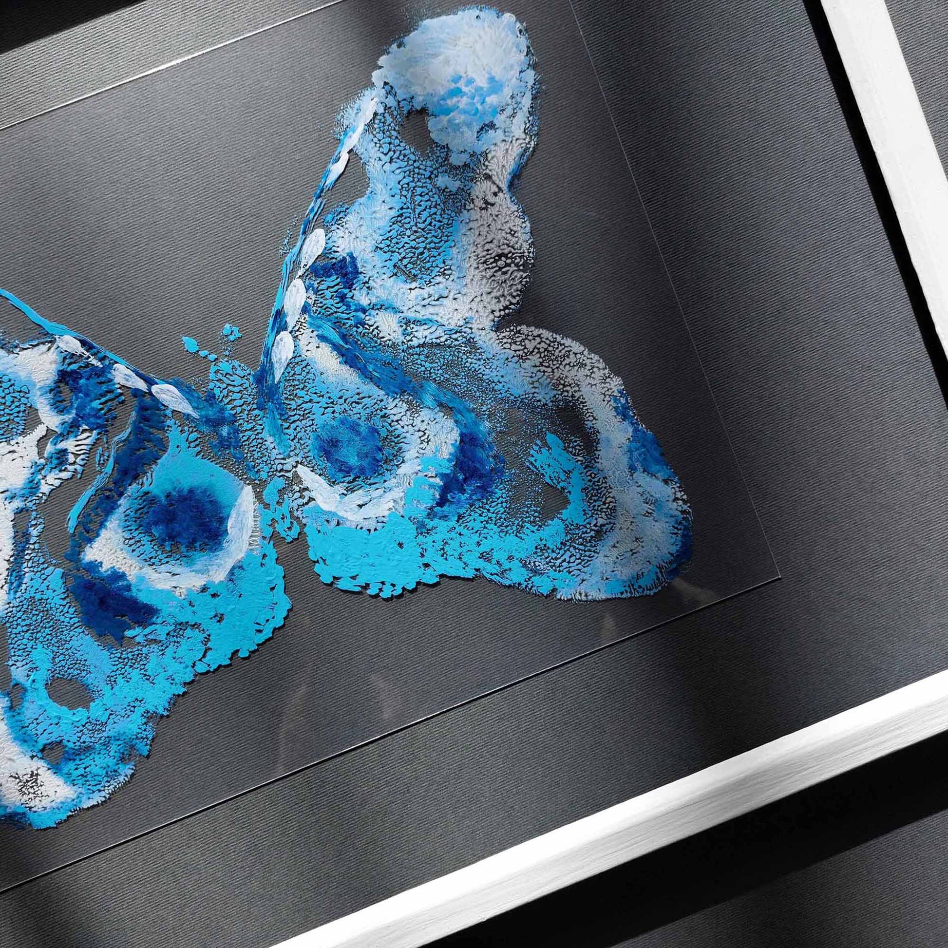 Blue White flexible plexiglass acrylic blue ink abstract butterfly large monotype print fine winter wall art staircase decor new beginnings gift one of a kind original artwork relief block handprint contemporary transparent calm holiday christmas gift new year monoprint printmaking master bedroom nature lover living room entryway unique Present xmas classical style home decoration eclectic scandinavian textured aesthetic apartment housewarming dining office hostess mom mother grandmother sister