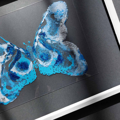 Blue White flexible plexiglass acrylic blue ink abstract butterfly large monotype print fine winter wall art staircase decor new beginnings gift one of a kind original artwork relief block handprint contemporary transparent calm holiday christmas gift new year monoprint printmaking master bedroom nature lover living room entryway unique Present xmas classical style home decoration eclectic scandinavian textured aesthetic apartment housewarming dining office hostess mom mother grandmother sister