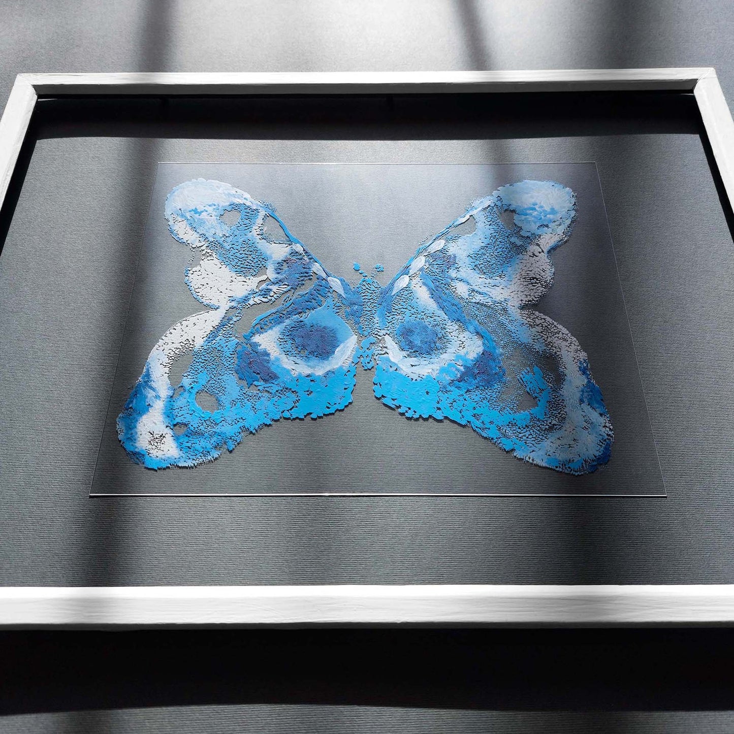 Blue White flexible plexiglass acrylic blue ink abstract butterfly large monotype print fine winter wall art staircase decor new beginnings gift one of a kind original artwork relief block handprint contemporary transparent calm holiday christmas gift new year monoprint printmaking master bedroom nature lover living room entryway unique Present xmas classical style home decoration eclectic scandinavian textured aesthetic apartment housewarming dining office hostess mom mother grandmother sister