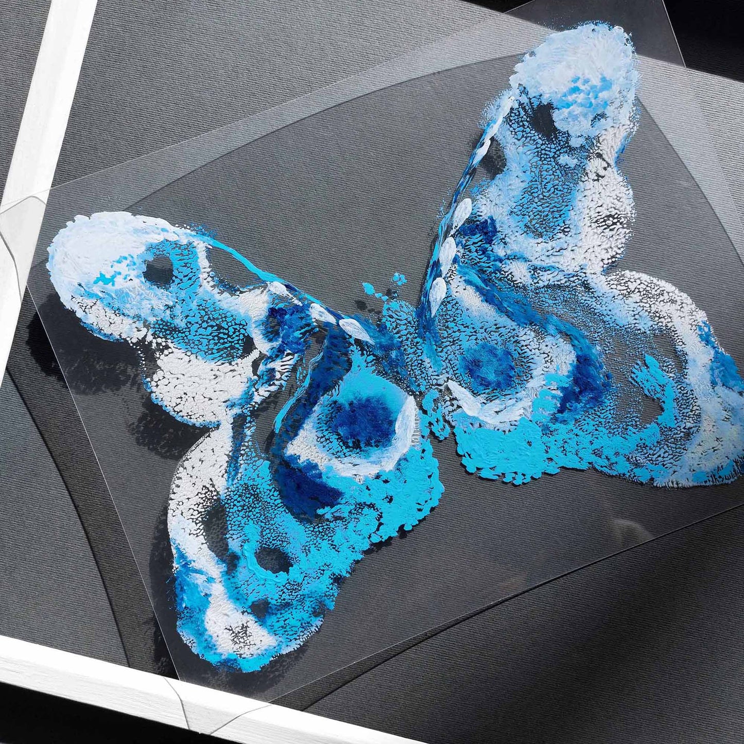 Blue White flexible plexiglass acrylic blue ink abstract butterfly large monotype print fine winter wall art staircase decor new beginnings gift one of a kind original artwork 
dopamine, laundry room decor, kitchen wall art, Housewarming gift, hostess gift, home gift unique, heirloom gift, above bed, bookshelf decor, Block print, Bedroom wall art, aunt gift, Aesthetic wall art, meditation corner, handmade gift for women, handmade gift for the home, above dining table wall art, bedroom focal point art