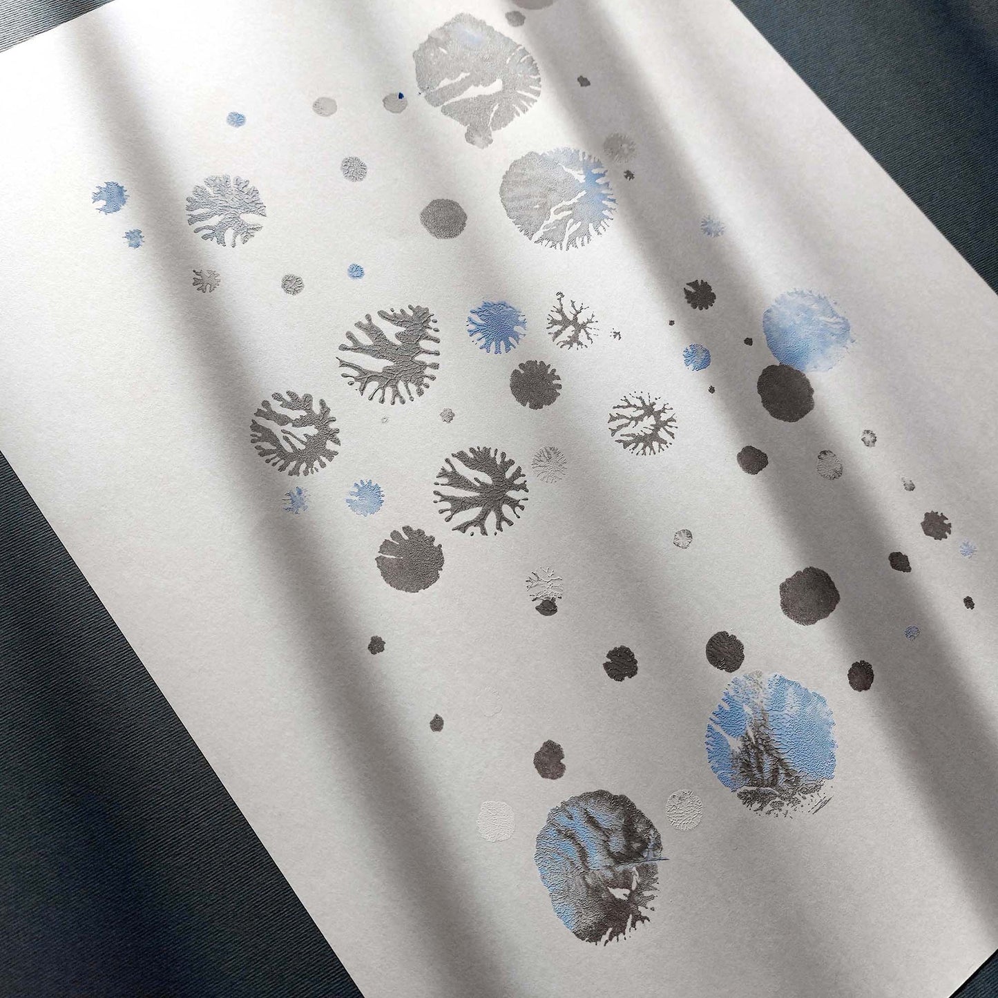 abstract snowflakes monotype print calm holiday winter wall art contemporary rustic christmas bedroom decor scandinavian snow one of a kind monoprint original artwork silver light blue 12x16in living room seasonal printmaking kids entryway unique Minimal Xmas relief texture handprint midimalism dopamine eclectic aesthetic men above bed man cave new apartment contemporary hostess mom mother grandmother godmother for her him boyfriend girlfriend sister daughter bathroom home office decoration