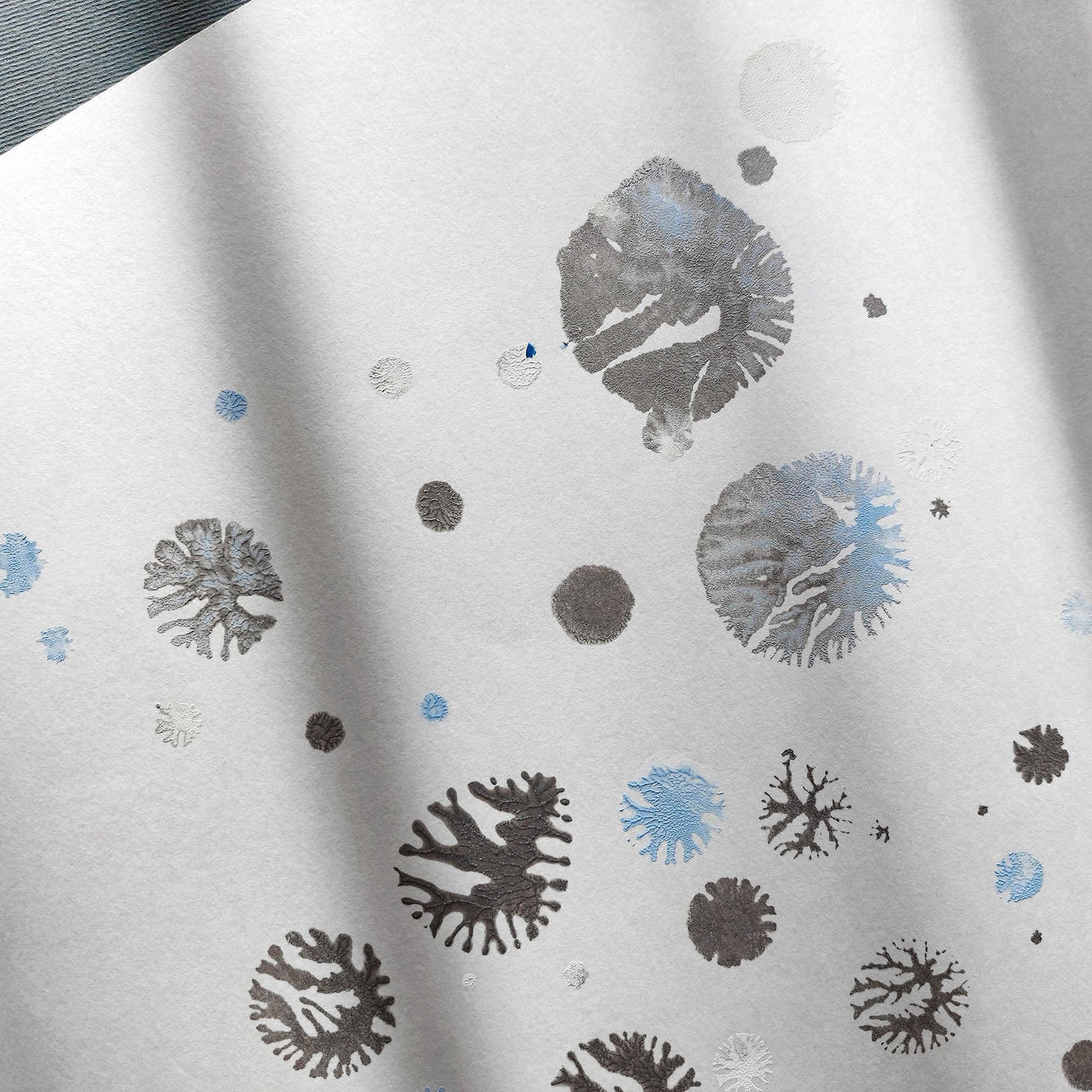 abstract snowflakes monotype print calm holiday winter wall art contemporary rustic christmas bedroom decor scandinavian snow one of a kind monoprint original artwork silver light blue 12x16in living room seasonal printmaking kids entryway unique Minimal Xmas relief texture handprint midimalism dopamine eclectic aesthetic men above bed man cave new apartment contemporary hostess mom mother grandmother godmother for her him boyfriend girlfriend sister daughter bathroom home office decoration