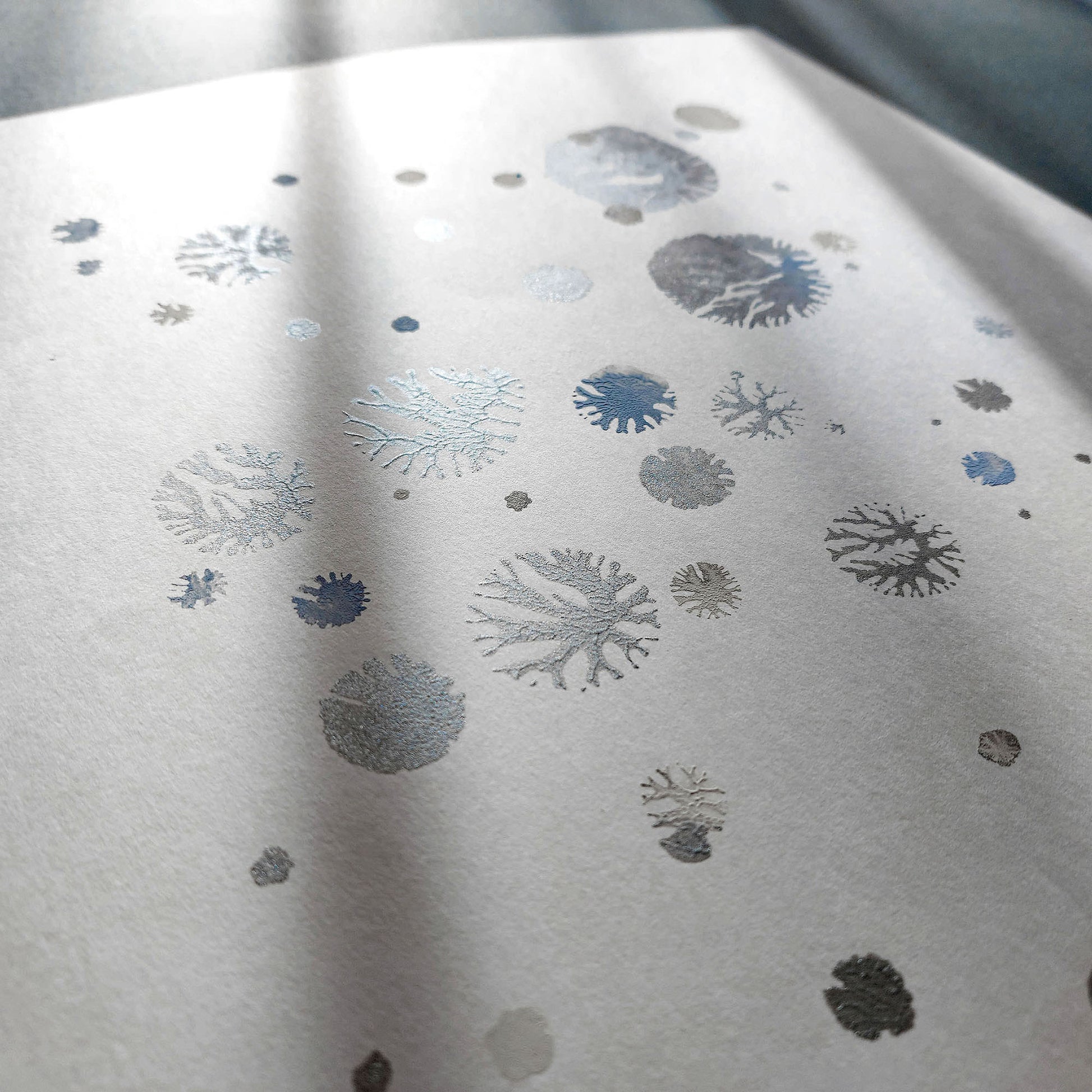 abstract snowflakes monotype print calm holiday winter wall art contemporary rustic christmas bedroom decor scandinavian snow one of a kind monoprint original artwork silver light blue 12x16in living room seasonal printmaking kids entryway unique Minimal Xmas relief texture handprint midimalism dopamine eclectic aesthetic men above bed man cave new apartment contemporary hostess mom mother grandmother godmother for her him boyfriend girlfriend sister daughter bathroom home office decoration