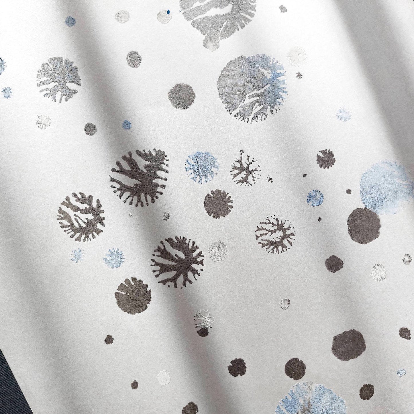 abstract snowflakes monotype print calm holiday winter wall art contemporary rustic christmas bedroom decor scandinavian snow one of a kind monoprint original artwork silver light blue 12x16in living room seasonal printmaking kids entryway unique Minimal Xmas relief texture handprint midimalism dopamine eclectic aesthetic men above bed man cave new apartment contemporary hostess mom mother grandmother godmother for her him boyfriend girlfriend sister daughter bathroom home office decoration