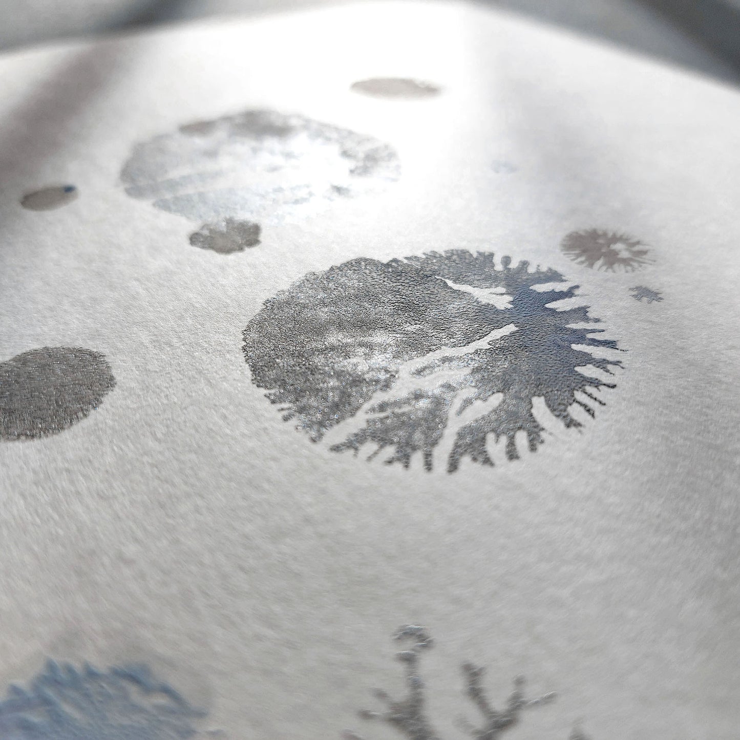 abstract snowflakes monotype print calm holiday winter wall art contemporary rustic christmas bedroom decor scandinavian snow one of a kind monoprint original artwork silver light blue 12x16in living room seasonal printmaking kids entryway unique Minimal Xmas relief texture handprint midimalism dopamine eclectic aesthetic men above bed man cave new apartment contemporary hostess mom mother grandmother godmother for her him boyfriend girlfriend sister daughter bathroom home office decoration
