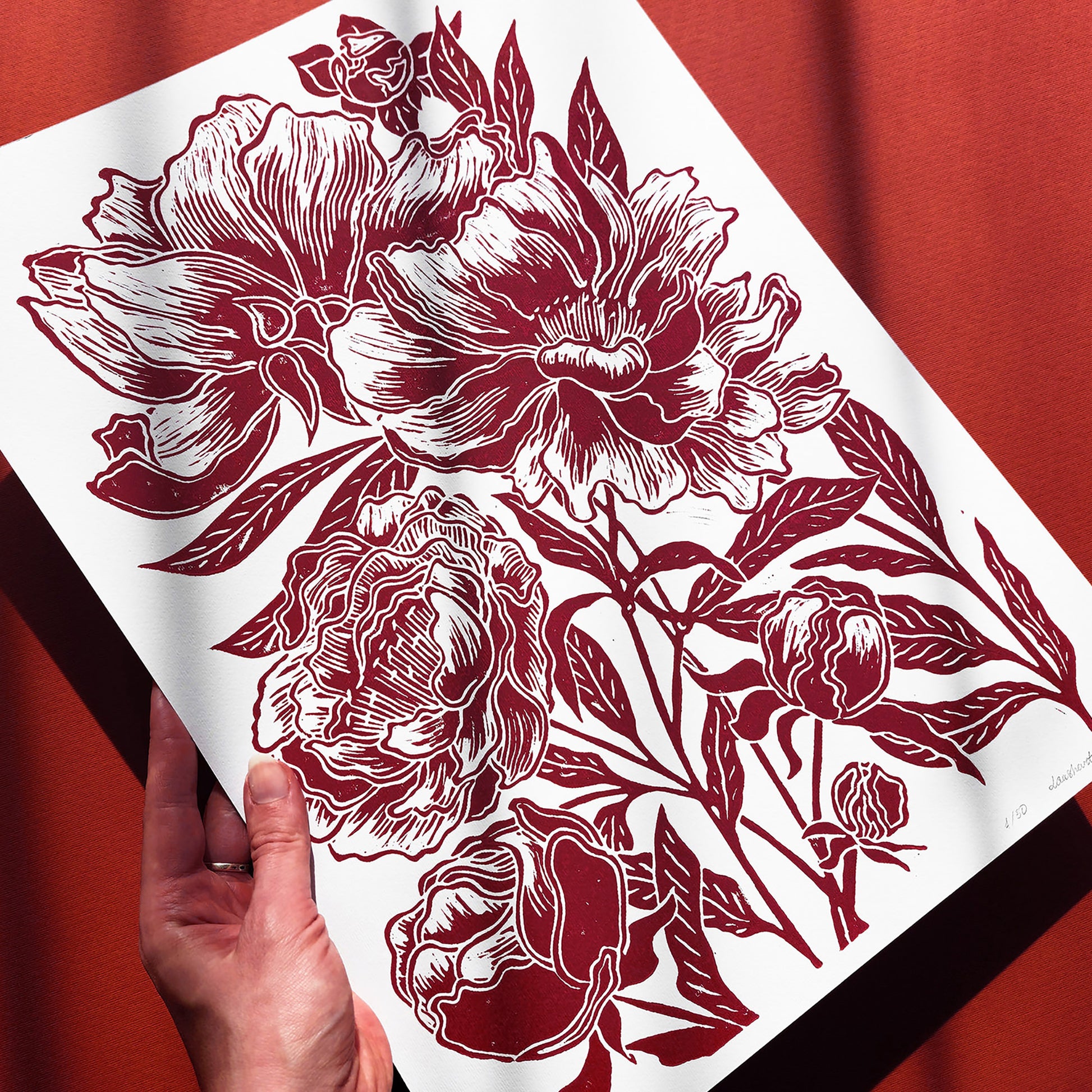 Burgundy peony flowers Linocut print Peonies wall art decor Linogravure, Lino print  wall hanging, unique wall art, trendy, thank you gift, boss, teacher appreciation gift, Summer, Spring wall art, sister in law gift,&nbsp; self gift, rustic wall art, retirement, Relief print, realtor closing gift, Printmaking art, plant lover gift, original illustration, original artwork, one of a kind, office wall decor, nurse gift, niece gift from aunt, new mom gift, new job gift, New home gift, new grandma gift