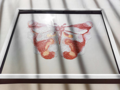Modern plexiglass white and terracotta pink abstract butterfly Monotype print for Nature lover gift UNFRAMED for living room, or bedroom original artwork relief printmaking insect moth farm modern kitchen farmhouse housewarming decor