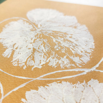 Gallery wall set of 2 Green ochre beige textured leaves Monotype print wall art decor A4