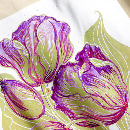 Watercolor purple tulips flowers Lime cream green plant Botanical linocut print   