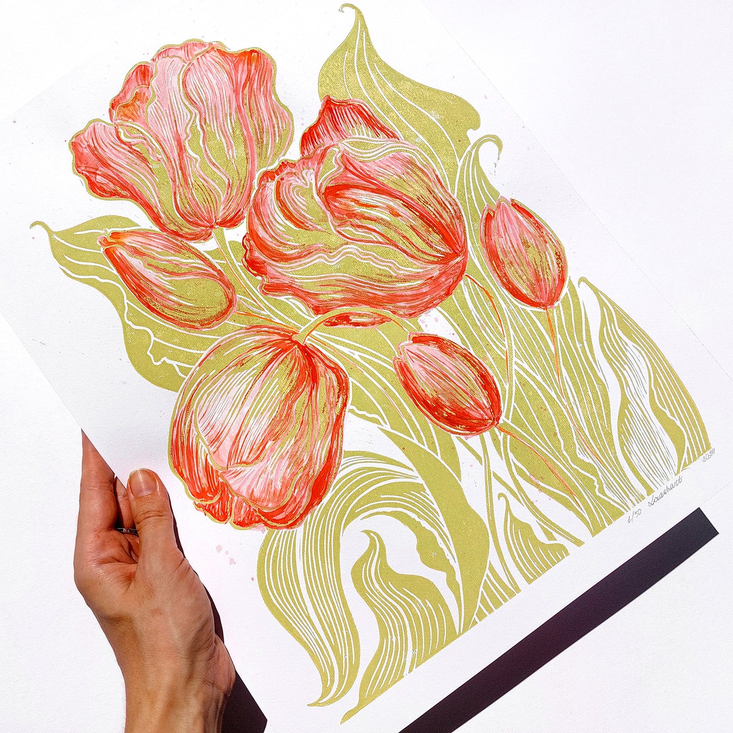 Watercolor red tulips flowers Lime cream green plant Botanical linocut print  handmade gift for women, handmade gift for the home, grandmother gift, grandma gift, going away gift for coworker, godparent gift, godmother gift, girlfriend gift, gift for the home, gift for best friend female, foraged wall art, Flower wall art, Floral wall art, Farmhouse wall decor  