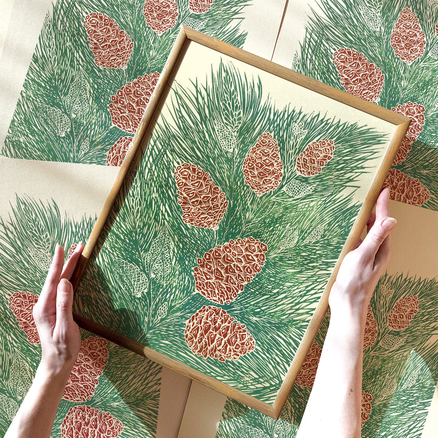 retro cottagecore vintage pine autumn wall art sage green color large linocut print original artwork nature lover gift foraged pinecones bedroom decor christmas present self linogravure rustic lino botanical relief block modern kitchen hallway living room sister grandmother new home hostess one of a kind office farmhouse thank you printmaking handprinted farm mom mother new apartment godmother wife woman handmade dining Her Thankful Gratitude Entryway Dorm Earth Tones coworker
