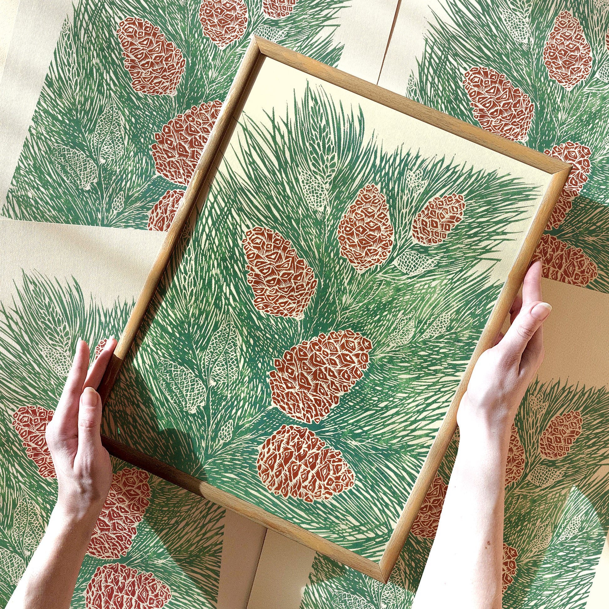 retro cottagecore vintage pine autumn wall art sage green color large linocut print original artwork nature lover gift foraged pinecones bedroom decor christmas present self linogravure rustic lino botanical relief block modern kitchen hallway living room sister grandmother new home hostess one of a kind office farmhouse thank you printmaking handprinted farm mom mother new apartment godmother wife woman handmade dining Her Thankful Gratitude Entryway Dorm Earth Tones coworker