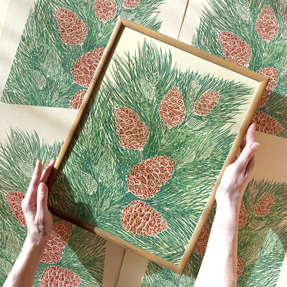 retro cottagecore vintage pine autumn wall art sage green color large linocut print original artwork nature lover gift foraged pinecones bedroom decor christmas present self linogravure rustic lino botanical relief block modern kitchen hallway living room sister grandmother new home hostess one of a kind office farmhouse thank you printmaking handprinted farm mom mother new apartment godmother wife woman handmade dining Her Thankful Gratitude Entryway Dorm Earth Tones coworker