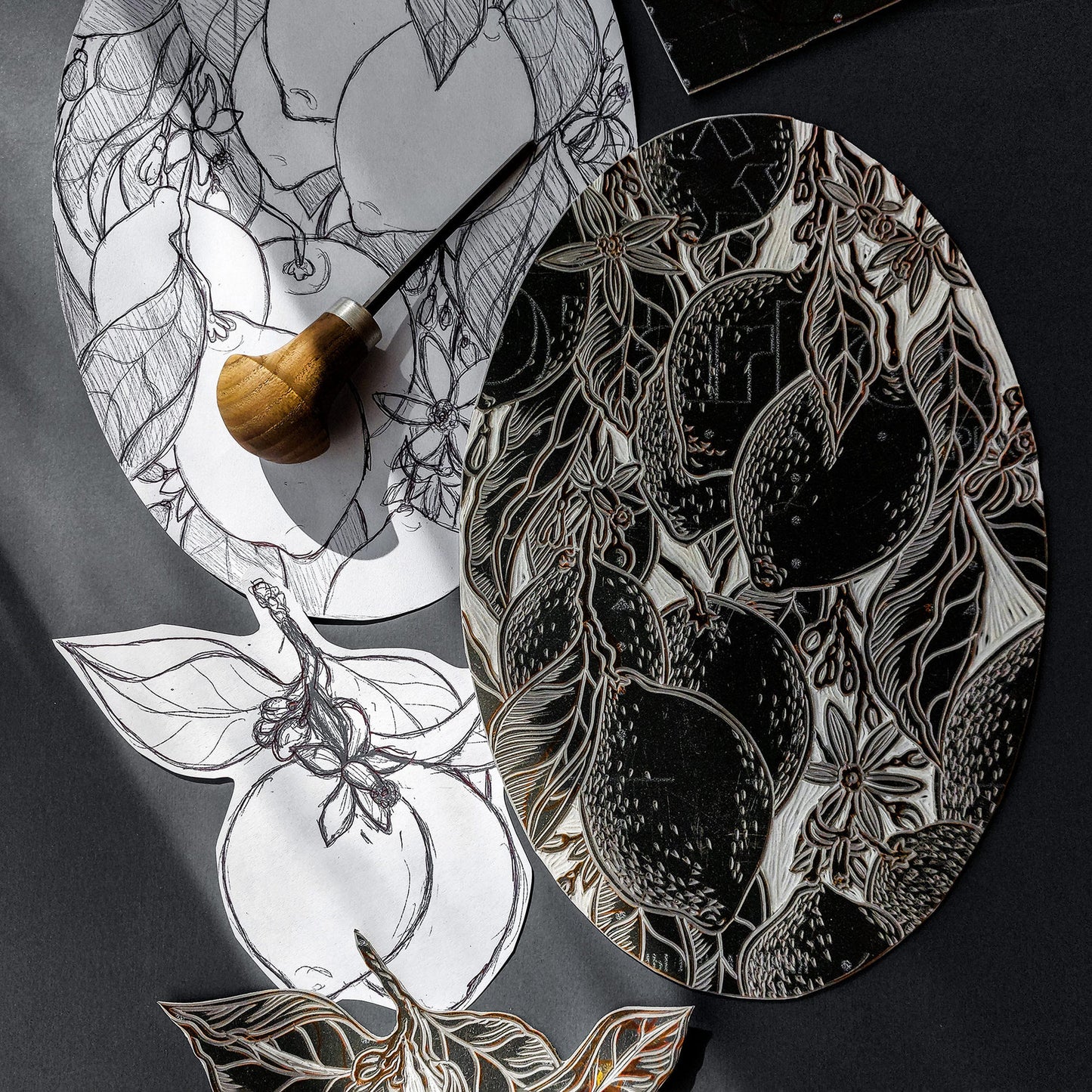 Lemons linoleum block print