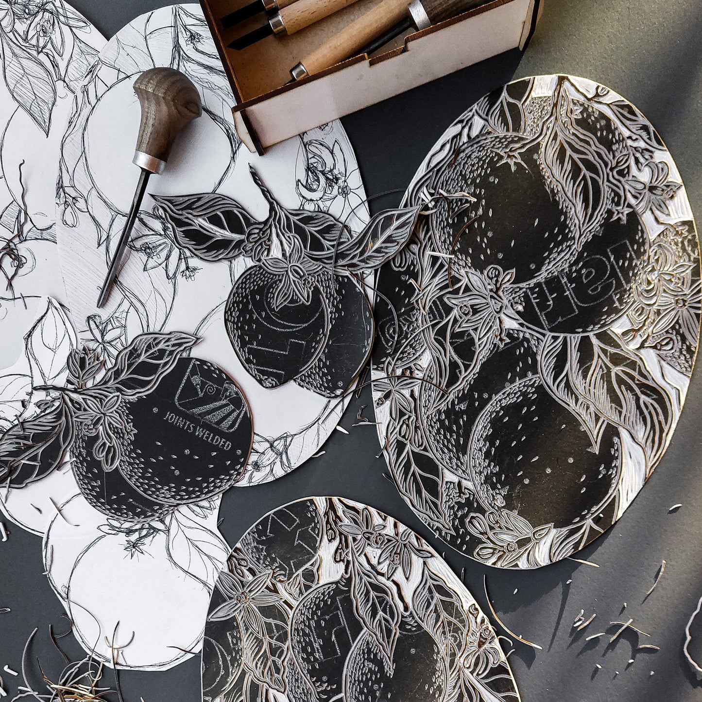 Gallery Wall Set of 7 Linocut Print Vintage Orange Clementine Lemon Slices Fruits Mandarin Artwork Original Art Kitchen Botanical Decor Block linoleum