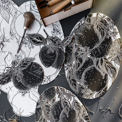 Gallery Wall Set of 7 Linocut Print Vintage Orange Clementine Lemon Slices Fruits Mandarin Artwork Original Art Kitchen Botanical Decor Block linoleum