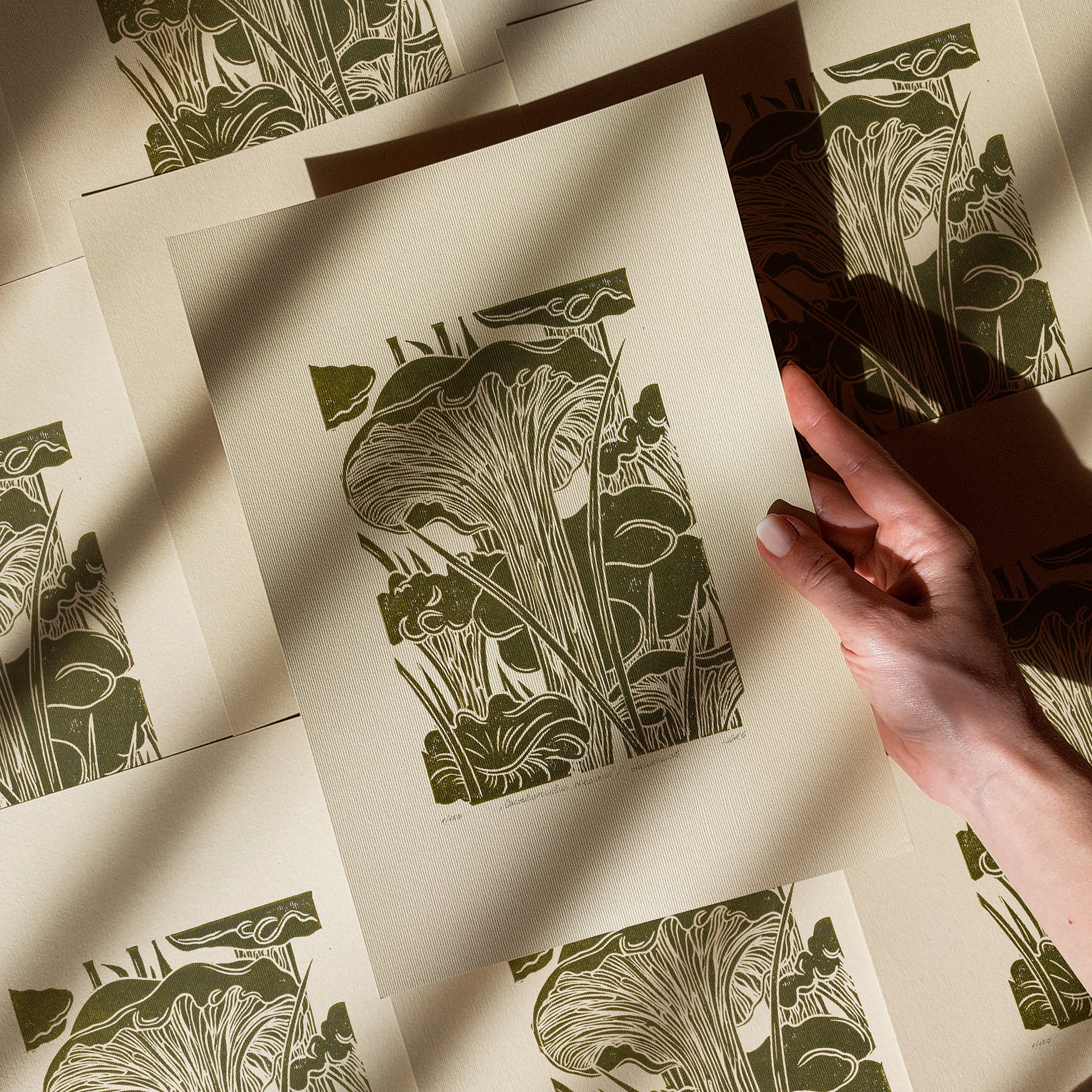 retro cottagecore chanterelle cushroom linocut print sage green color relief monoprint original artwork vintage kitchen pantry decor mother gift ideas whimsical wall art rustic linogravure forestcore lino forestcore decor beige master bedroom hallway hostess gift living space guest farmhouse dining room one of a kind engraving above bed reading nook grandmother gift self handprint home office sister botanical hallway printmaking farm sister mom mother godmother wife woman Earth Tones