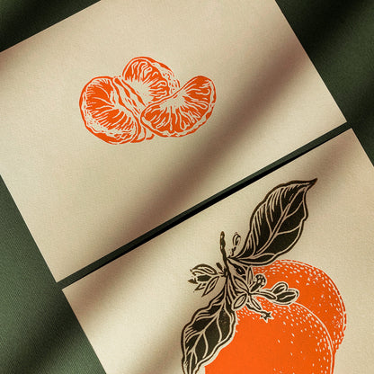 vintage fruits clementine slice mandarin fruits linocut print gallery wall set mini set of 2 original artwork citrus botanical modern kitchen lino handprint cottagecore dining room rustic farmhouse fall gift for her linogravure printmaking nature lover hostess thank you new home self christmas thoughtful autumn summer sage green plant office grandmother housewarming bedroom living relief thanksgiving table mom wife girlfriend sister godmother Thank You Coworker Say Thanks Present