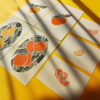 gallery wall set linocut print vintage fruits orange clementine lemon slices mandarin original artwork modern kitchen botanical dining room decor citrus above bed decor set of 7 cottagecore lino nature lover linogravure christmas new home thoughtful autumn summer yellow sage green plant office grandmother housewarming bedroom living room relief thanksgiving table teacher new apartment handprinted entryway farmhouse mom wife girlfriend sister godmother Thank You Coworker Say Thanks Present