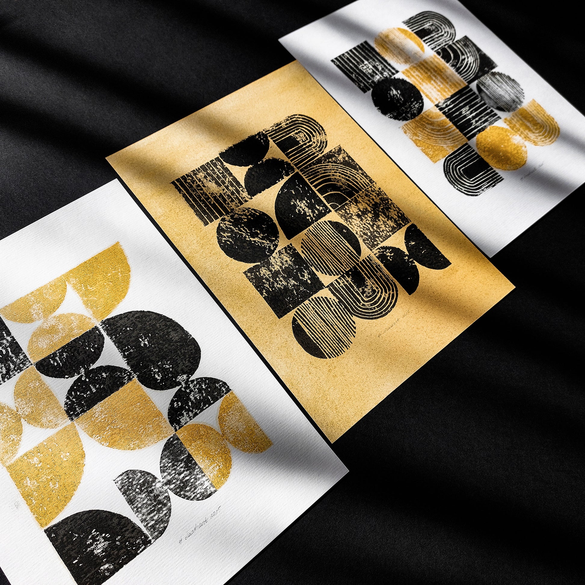 mid century modern bauhaus style linocut print gallery wall set of 3 artworks relief texture man cave wall decor geometric modern office decor husband gift lino linogravure eco friendly gift bedroom cyber week deal black friday sale contemporary abstract golden minimalist home original artwork living room statement self printmaking christmas dopamine entryway one of a kind bathroom scandinavian handprint unique eclectic aesthetic wall hanging entryway handmade housewarming new apartment