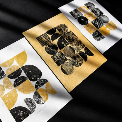 mid century modern bauhaus style linocut print gallery wall set of 3 artworks relief texture man cave wall decor geometric modern office decor husband gift lino linogravure eco friendly gift bedroom cyber week deal black friday sale contemporary abstract golden minimalist home original artwork living room statement self printmaking christmas dopamine entryway one of a kind bathroom scandinavian handprint unique eclectic aesthetic wall hanging entryway handmade housewarming new apartment
