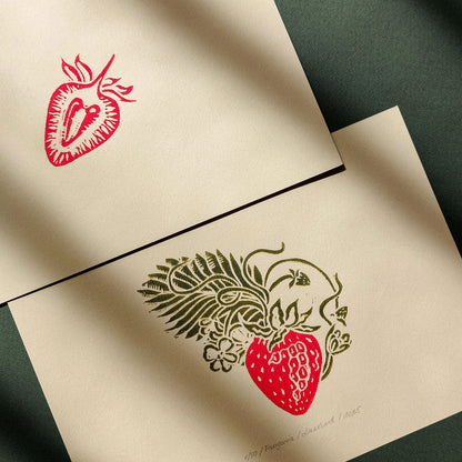 cottagecore wall art vintage fruits strawberries linocut print gallery wall set of 2 modern kitchen botanical decor original artwork berries slice lino print linogravure dining room nature lover gift rustic farmhouse 
hostess block relief printmaking hand carved handprint unique ideas floral plant cottage core dopamine retro eclectic aesthetic chic moody princess girly sage green hanging farm chateaucore spring summer bedroom living room dorm above bed entryway home office new housewarming
