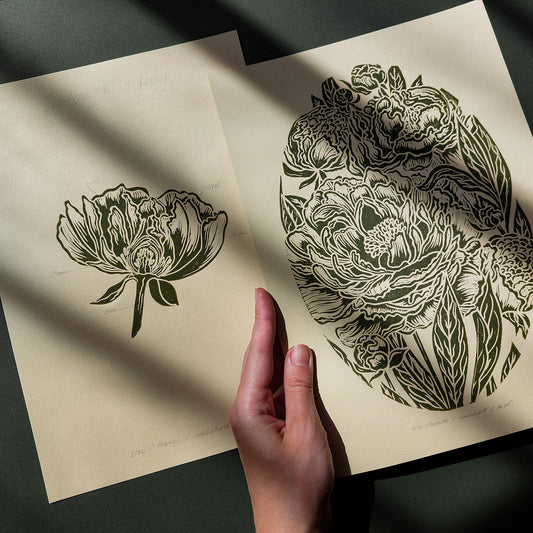 sage green color vintage flower anatomy peonies flower linocut print gallery wall set of 2 cottagecore wall art floral lino original artwork above bed decor mother gift ideas linogravure hostess chateaucore beige handmade educational nature lover rustic farm farmhouse retro living room dining entryway modern kitchen dorm hallway heilroom mom mother wife woman sister girlfriend grandmother godmother houswarming new apartment home thoughtful teacher Handprinted Present Gratitude Professor