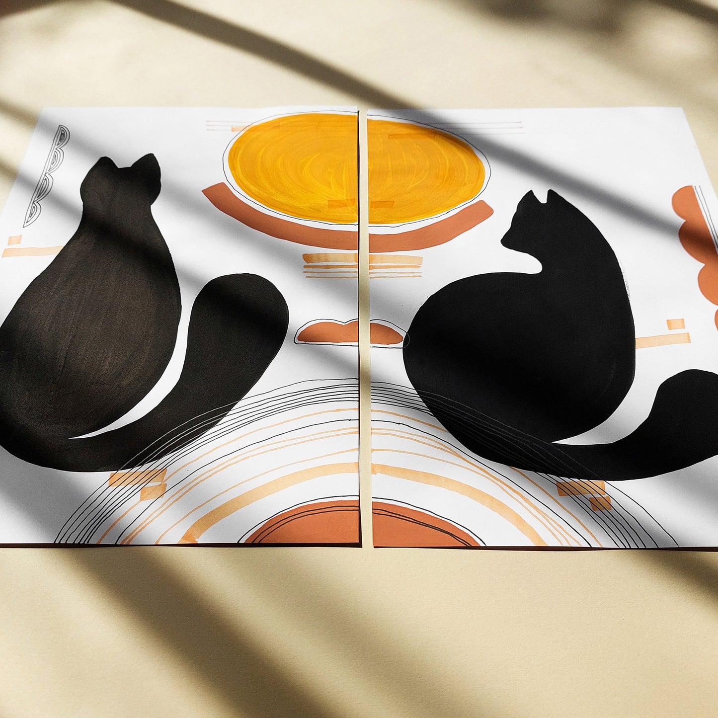 playful cat black abstract cats gouache painting funny animal art gallery wall set of 2 artworks original artwork nursery decor pet corner mid century modern one of a kind minimalist black friday sale Cyber Monday Sale, Cyber Week Deal Kids Room Cat Lovers Gifts Scandinavian Nordic Minimalist Boho Living Room Hallway Home Office unique funny decoration