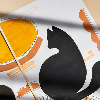 playful cat black abstract cats gouache painting funny animal art gallery wall set of 2 artworks original artwork nursery decor pet corner mid century modern one of a kind minimalist black friday sale Cyber Monday Sale, Cyber Week Deal Kids Room Cat Lovers Gifts Scandinavian Nordic Minimalist Boho Living Room Hallway Home Office unique funny decoration