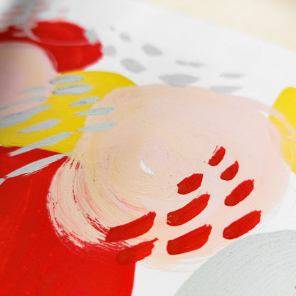 Pink yellow red gray affordable fine art modern abstract color therapy gouache painting kids room hallway wall home office one of a kind discounted sale positive energy children room therapist office staircase wall decor new apartment playful nursery mid century baby shower mom mother grandmother godmother sister preppy princess girly girlfriend gift present
primary bedroom above bed bedside headboard art breakfast nook coffee corner above dining table powder room half bath baby nursery toddler