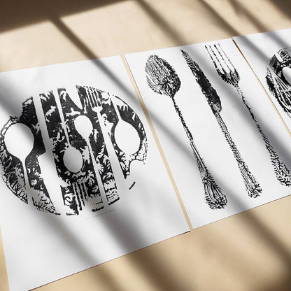 abstract spoon fork knife cutlery rustic fall wall art modern kitchen monotype relief print gallery wall set of 3 original artworks hostess gift cyber monday sale one of a kind grandmother Black Friday Sale Cyber Week Deal contemporary thankful christmas cottagecore monoprint autumn printmaking entryway thanksgiving minimalist farmhouse new home thankful to say thanks texture farm xmas mother thank you self sister mom mother apartment godmother wife woman gift for Her