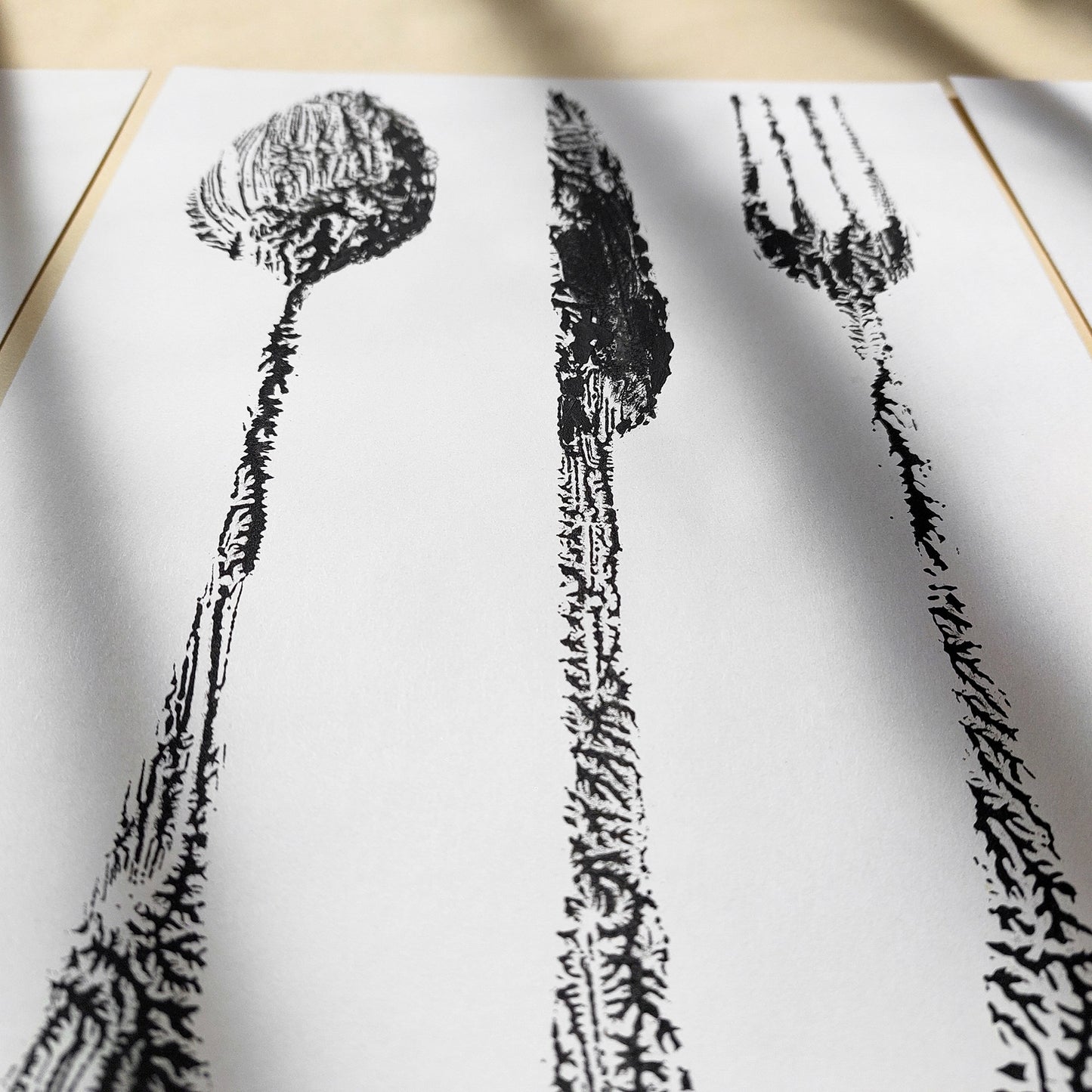 abstract spoon fork knife cutlery rustic fall wall art modern kitchen monotype relief print gallery wall set of 3 original artworks hostess gift cyber monday sale one of a kind Black Friday Sale Cyber Week Deal discounted sale
 Printmaking art, original illustration, original artwork, one of a kind, wall decor, nurse gift, niece gift from aunt, new mom gift, new job gift, New home gift, new grandma gift, new apartment housewarming gift, new apartment gift, print, eclectic, minimalist original art