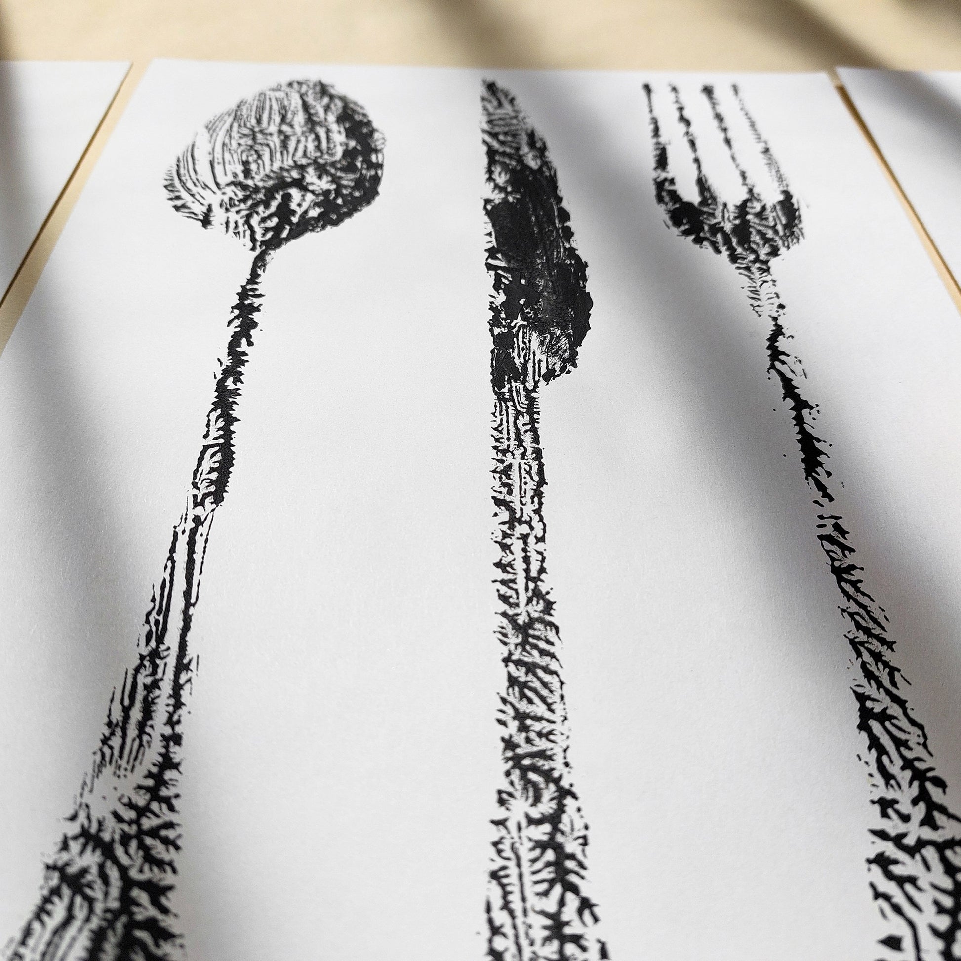 abstract spoon fork knife cutlery rustic fall wall art modern kitchen monotype relief print gallery wall set of 3 original artworks hostess gift cyber monday sale one of a kind Black Friday Sale Cyber Week Deal discounted sale
 Printmaking art, original illustration, original artwork, one of a kind, wall decor, nurse gift, niece gift from aunt, new mom gift, new job gift, New home gift, new grandma gift, new apartment housewarming gift, new apartment gift, print, eclectic, minimalist original art