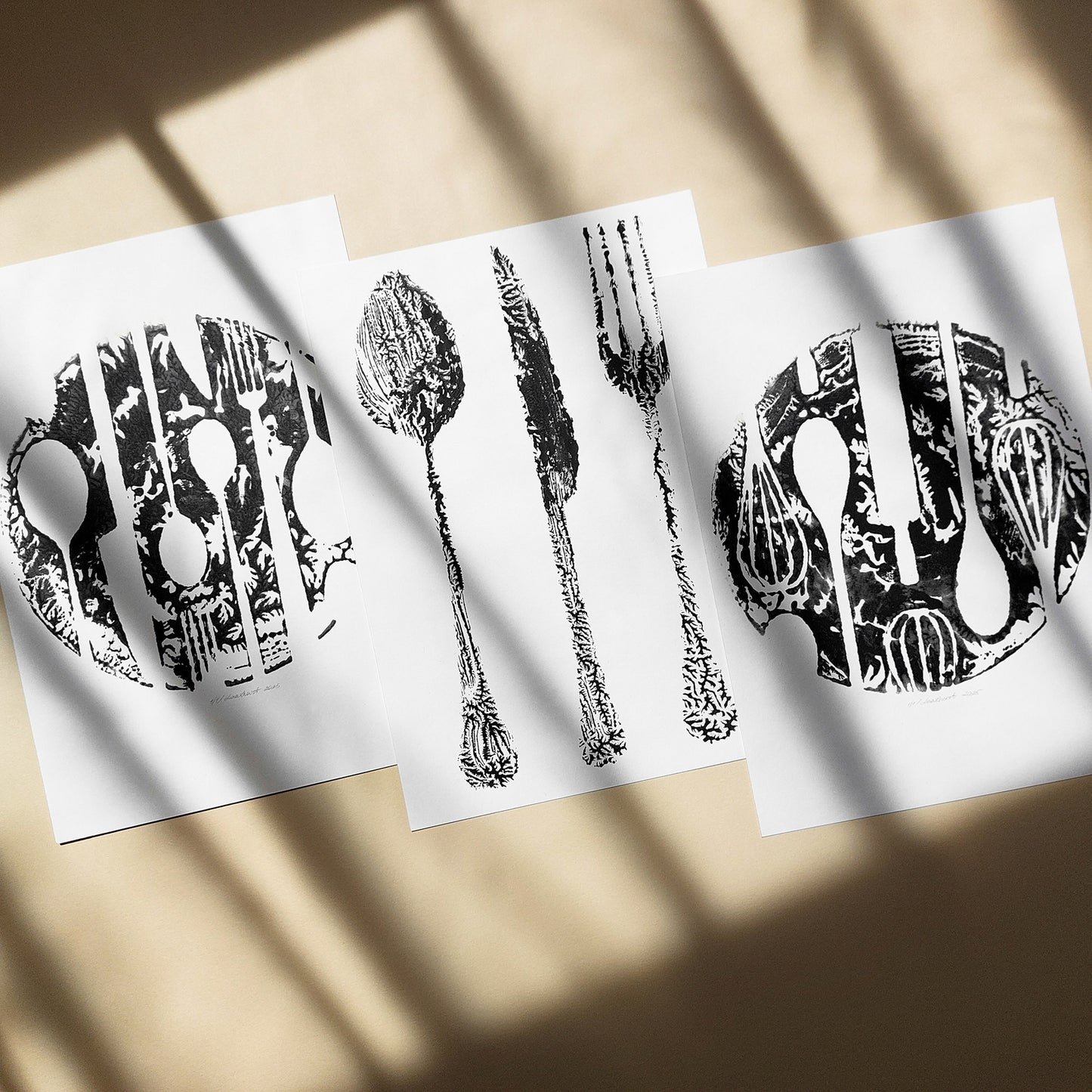 abstract spoon fork knife cutlery rustic fall wall art modern kitchen monotype relief print gallery wall set of 3 original artworks hostess gift cyber monday sale one of a kind Black Friday Sale Cyber Week Deal 
wall hanging, unique Vintage art, unique wall art, trendy wall art, thank you gift boss, teacher appreciation gift, Summer wall art, large wall art, sister in law gift, shelf decor, self gift, rustic artwork, Retro scandinavian artwork, handprint, retirement gift, Relief print, realtor closing gift