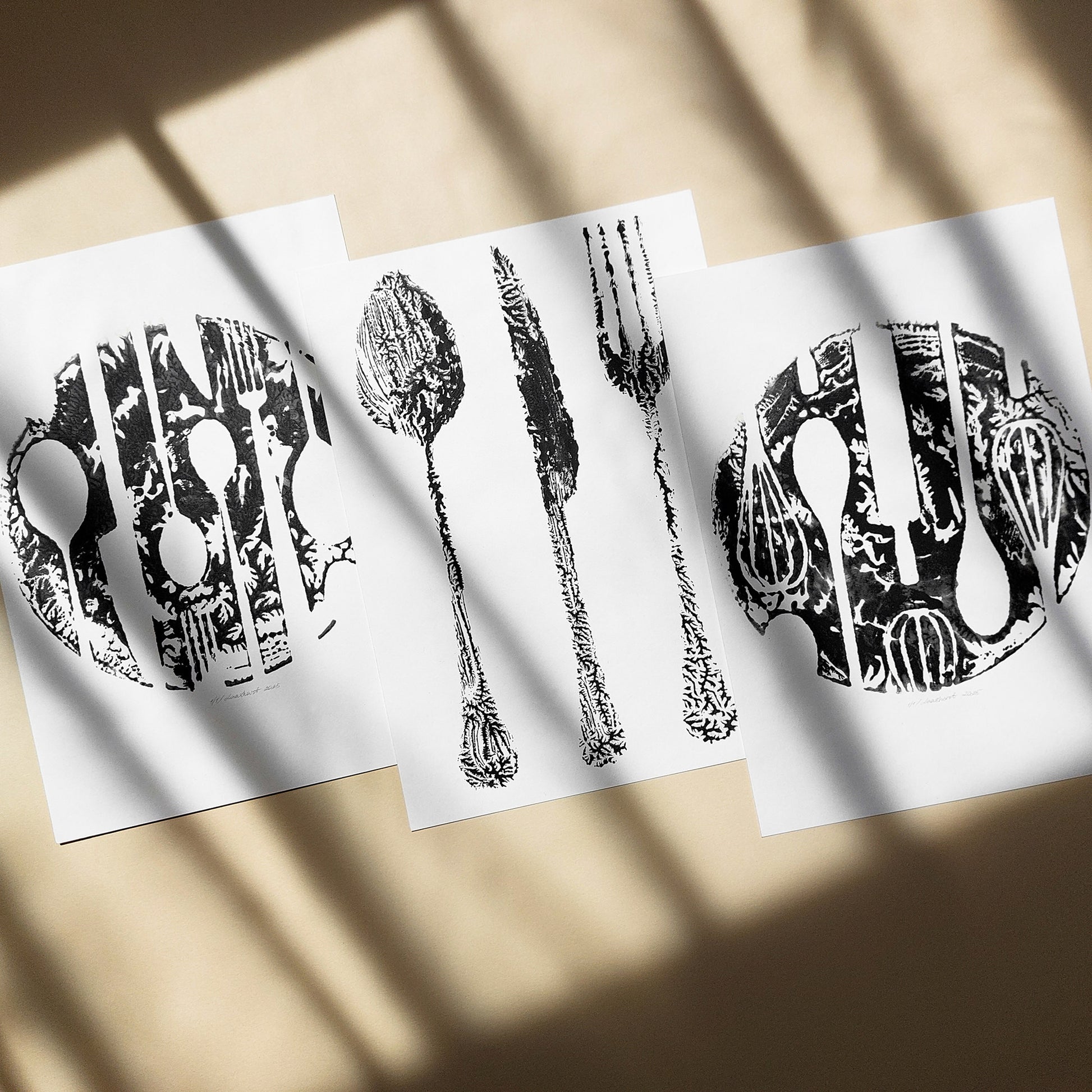 abstract spoon fork knife cutlery rustic fall wall art modern kitchen monotype relief print gallery wall set of 3 original artworks hostess gift cyber monday sale one of a kind Black Friday Sale Cyber Week Deal 
wall hanging, unique Vintage art, unique wall art, trendy wall art, thank you gift boss, teacher appreciation gift, Summer wall art, large wall art, sister in law gift, shelf decor, self gift, rustic artwork, Retro scandinavian artwork, handprint, retirement gift, Relief print, realtor closing gift