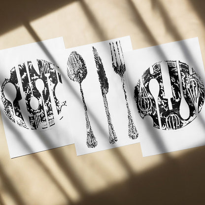 abstract spoon fork knife cutlery rustic fall wall art modern kitchen monotype relief print gallery wall set of 3 original artworks hostess gift cyber monday sale one of a kind Black Friday Sale Cyber Week Deal 
wall hanging, unique Vintage art, unique wall art, trendy wall art, thank you gift boss, teacher appreciation gift, Summer wall art, large wall art, sister in law gift, shelf decor, self gift, rustic artwork, Retro scandinavian artwork, handprint, retirement gift, Relief print, realtor closing gift